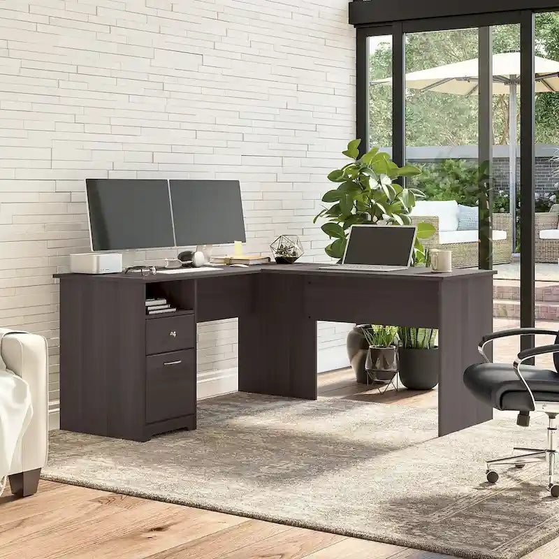 Escritorio en forma de L de 60 pulgadas con cajón para archivos y almacenamiento abierto