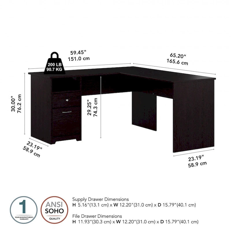 Bureau en L de 60 pouces avec tiroir pour dossiers et rangement ouvert