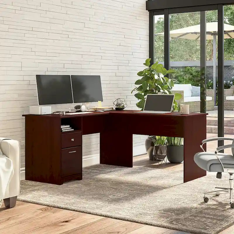 Bureau en L de 60 pouces avec tiroir pour dossiers et rangement ouvert