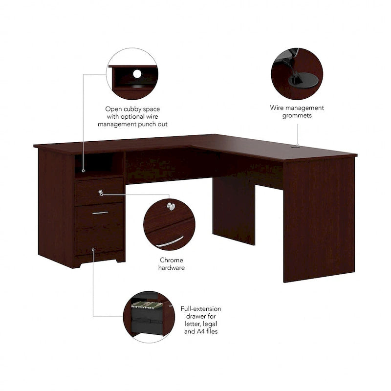 Bureau en L de 60 pouces avec tiroir pour dossiers et rangement ouvert