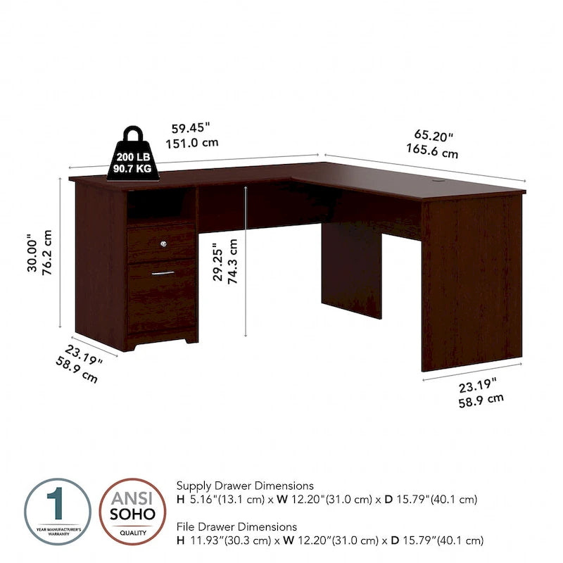 Bureau en L de 60 pouces avec tiroir pour dossiers et rangement ouvert