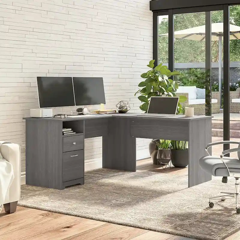 Bureau en L de 60 pouces avec tiroir pour dossiers et rangement ouvert