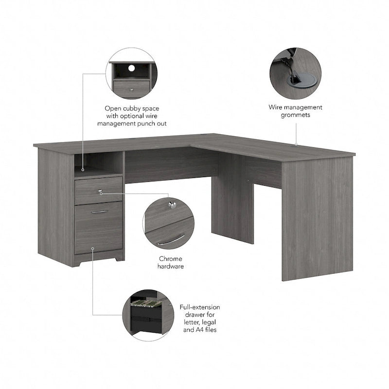 Bureau en L de 60 pouces avec tiroir pour dossiers et rangement ouvert