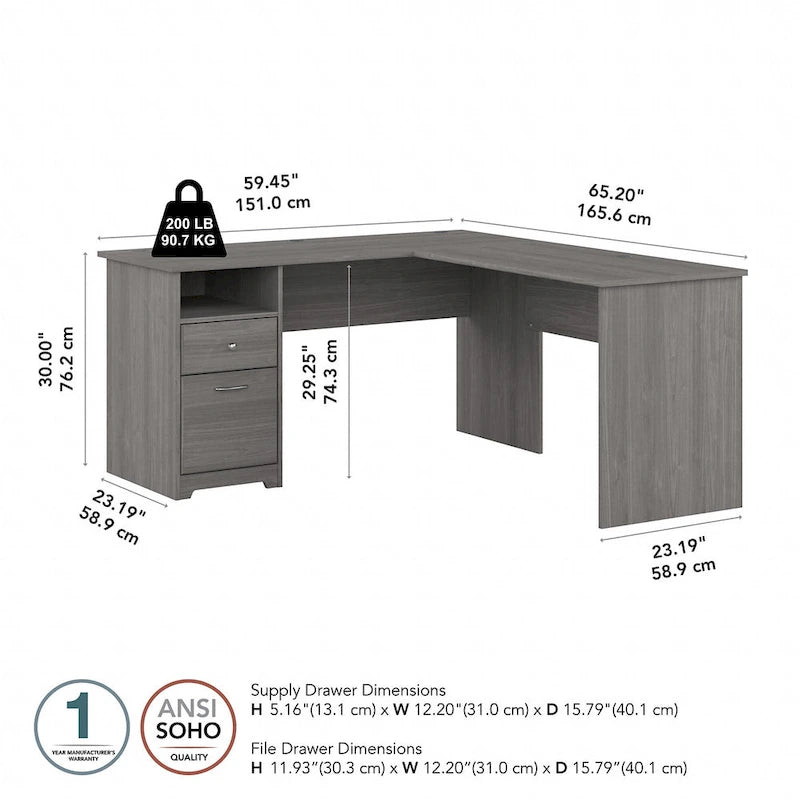 Bureau en L de 60 pouces avec tiroir pour dossiers et rangement ouvert