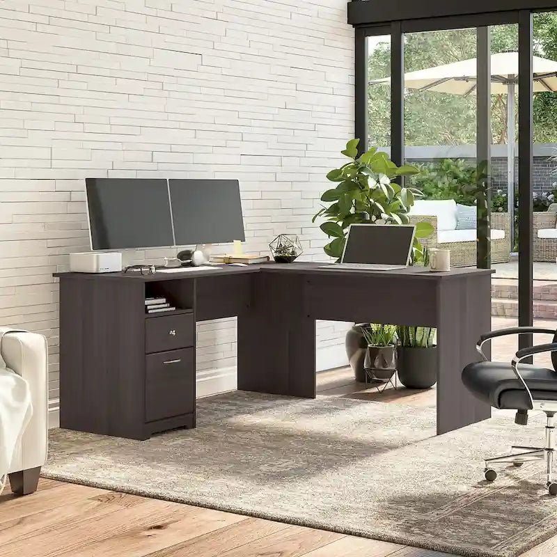 Bureau en L de 60 pouces avec tiroir pour dossiers et rangement ouvert