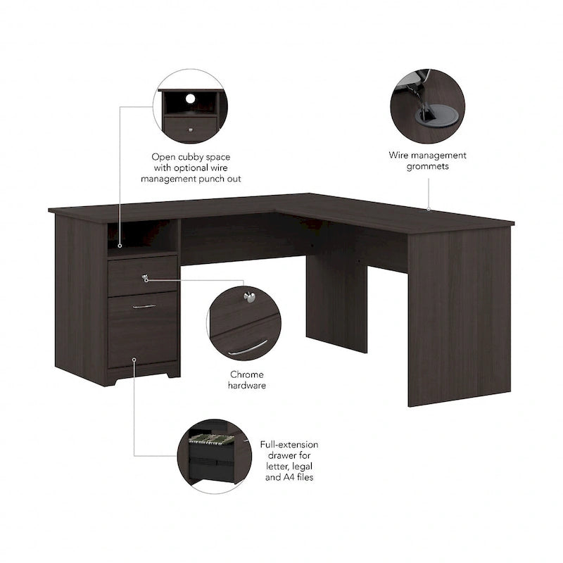Bureau en L de 60 pouces avec tiroir pour dossiers et rangement ouvert