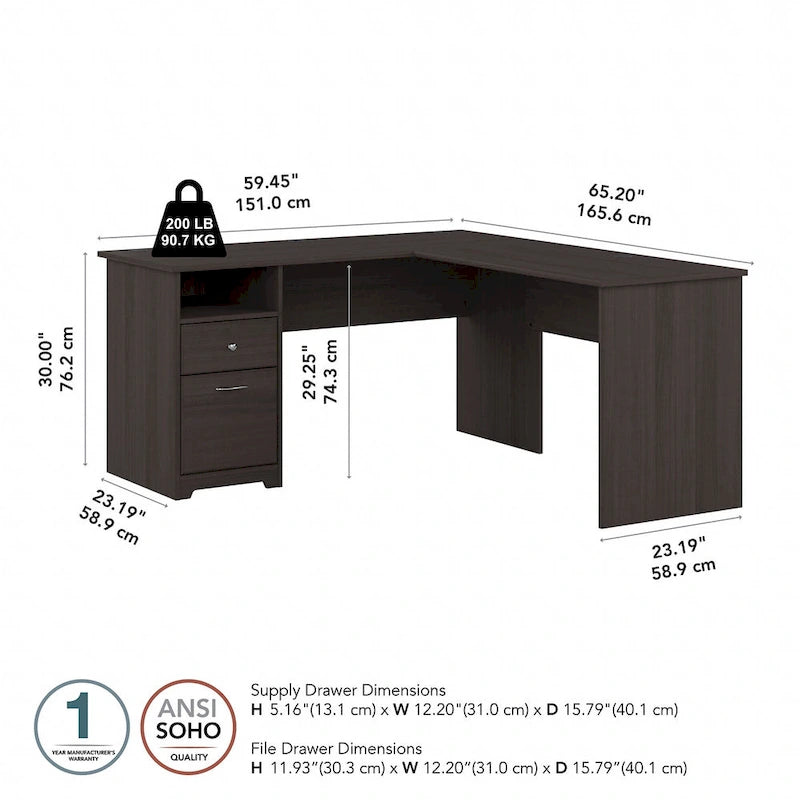 Bureau en L de 60 pouces avec tiroir pour dossiers et rangement ouvert
