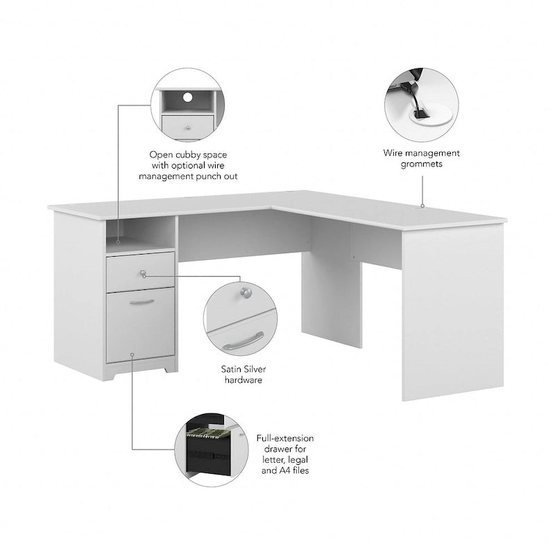 Bureau en L de 60 pouces avec tiroir pour dossiers et rangement ouvert