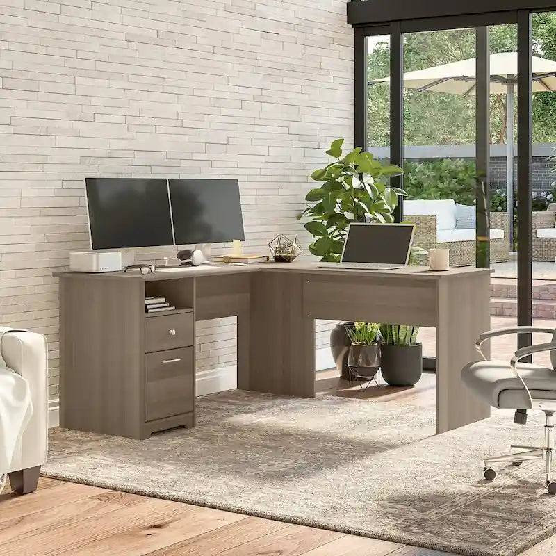 Bureau en L de 60 pouces avec tiroir pour dossiers et rangement ouvert
