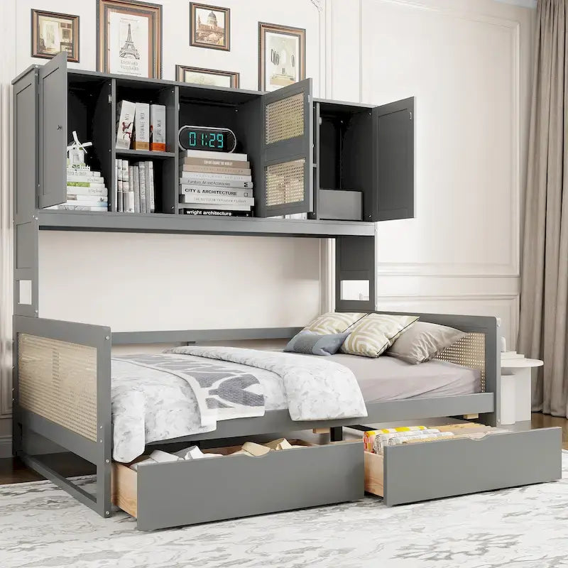 Diván cama de madera tamaño full con armarios, estantes y 2 cajones de almacenamiento