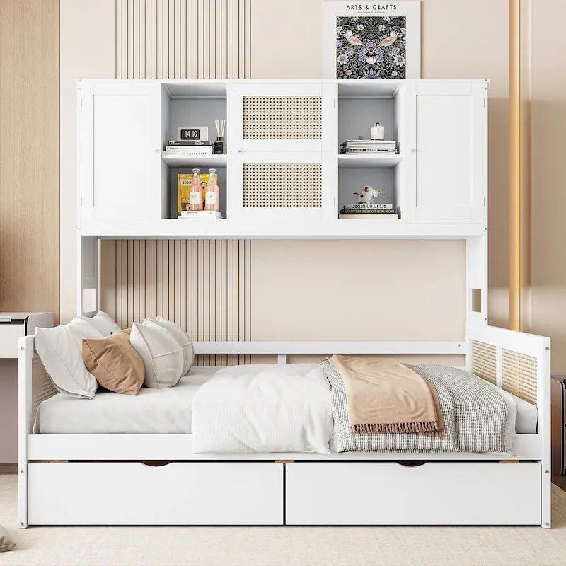 Full Wood Daybed with Cabinets, Shelves and 2 Storage Drawers