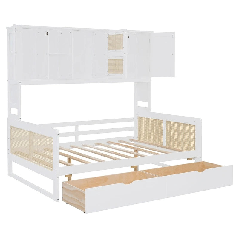 Full Wood Daybed with Cabinets, Shelves and 2 Storage Drawers