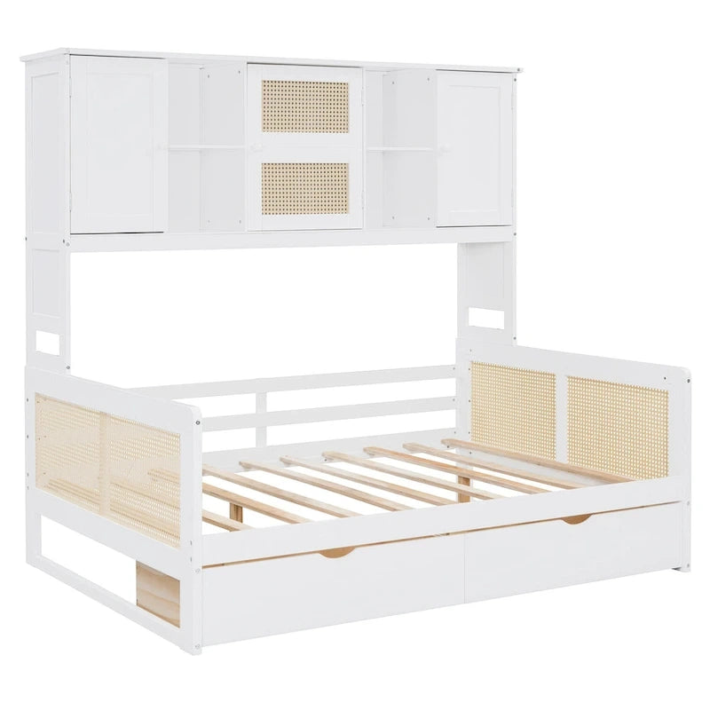 Full Wood Daybed with Cabinets, Shelves and 2 Storage Drawers