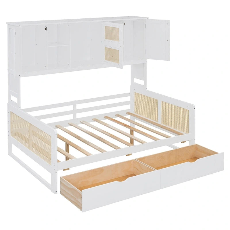 Full Wood Daybed with Cabinets, Shelves and 2 Storage Drawers