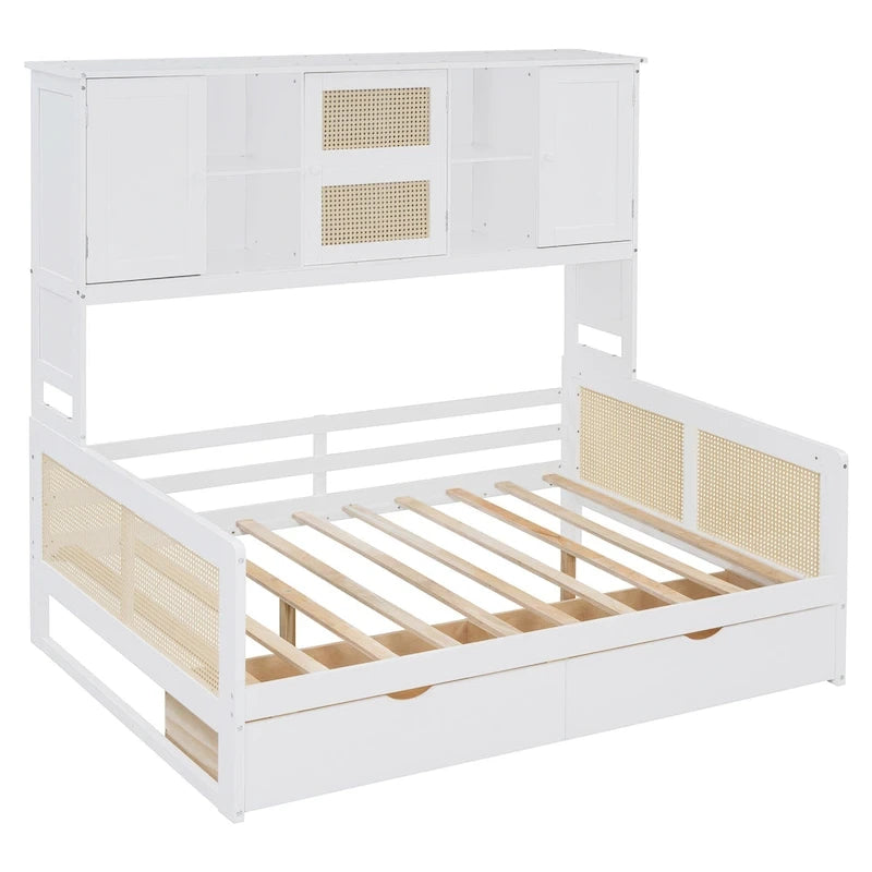 Full Wood Daybed with Cabinets, Shelves and 2 Storage Drawers