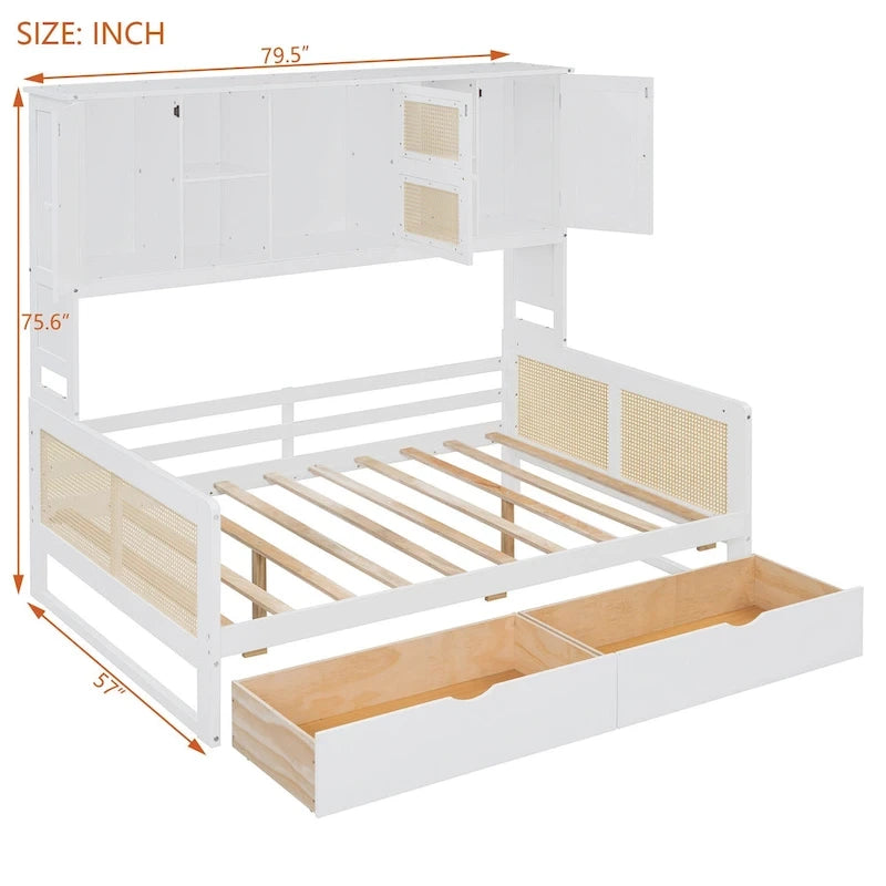 Full Wood Daybed with Cabinets, Shelves and 2 Storage Drawers