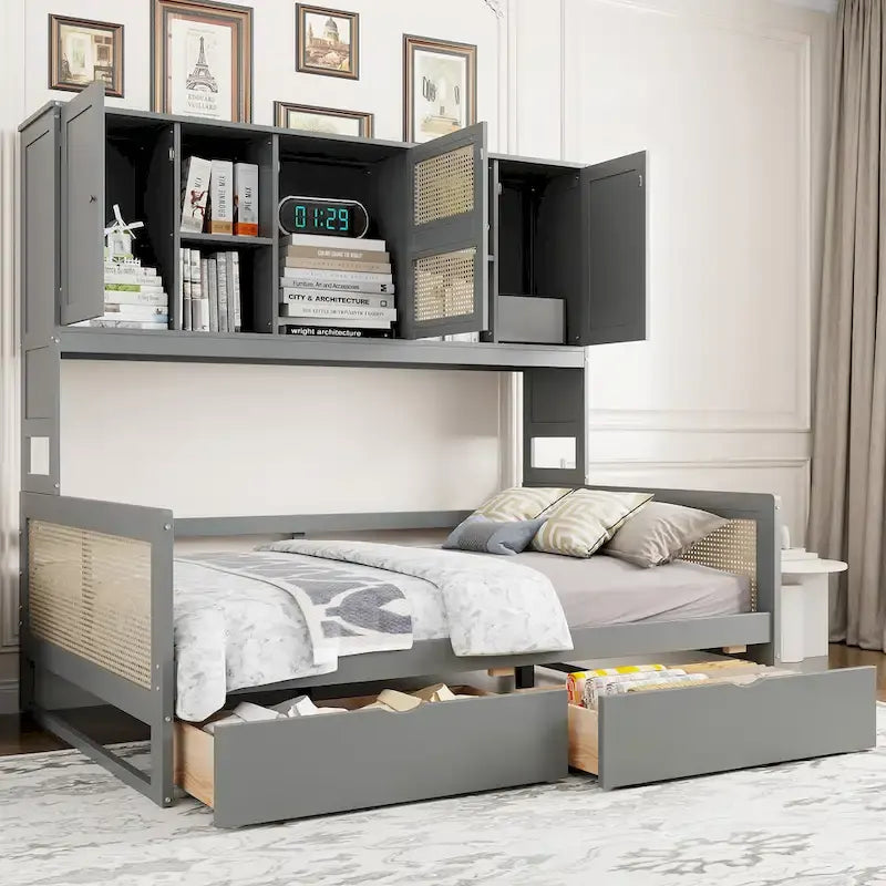Full Wood Daybed with Cabinets, Shelves and 2 Storage Drawers