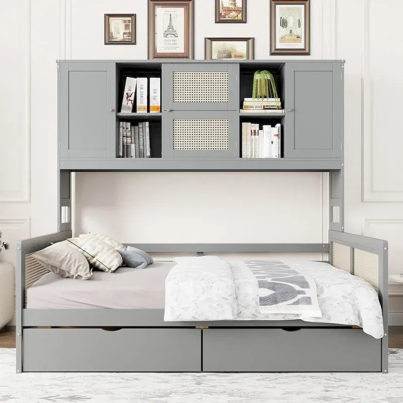 Full Wood Daybed with Cabinets, Shelves and 2 Storage Drawers