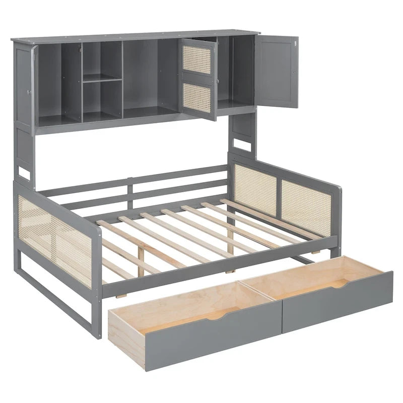 Full Wood Daybed with Cabinets, Shelves and 2 Storage Drawers