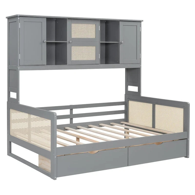 Full Wood Daybed with Cabinets, Shelves and 2 Storage Drawers