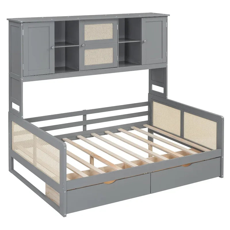 Full Wood Daybed with Cabinets, Shelves and 2 Storage Drawers