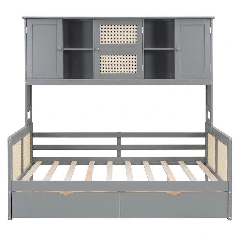 Full Wood Daybed with Cabinets, Shelves and 2 Storage Drawers