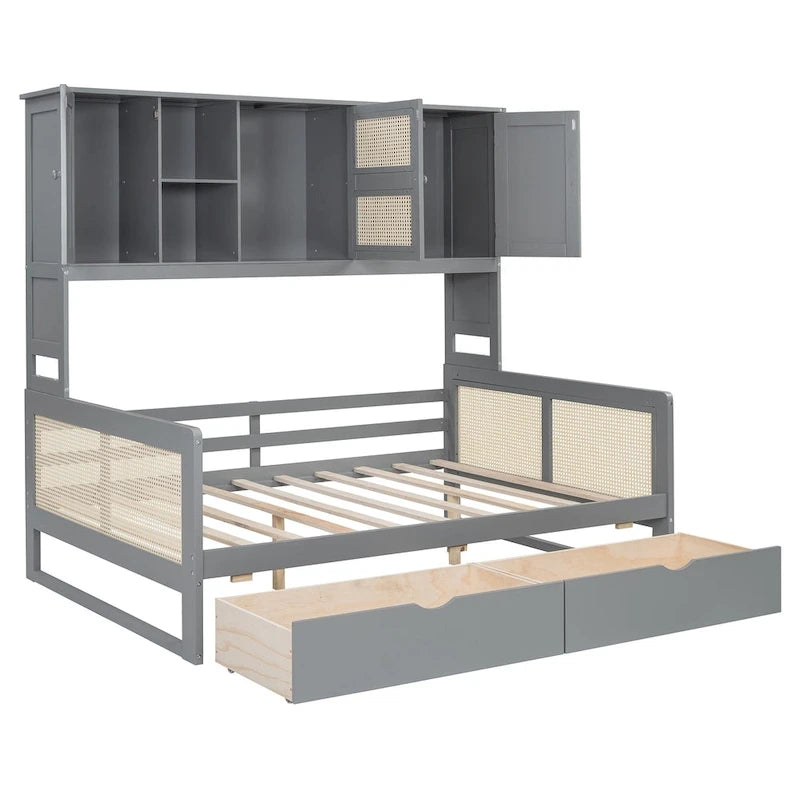Full Wood Daybed with Cabinets, Shelves and 2 Storage Drawers