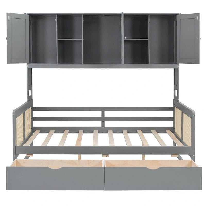 Full Wood Daybed with Cabinets, Shelves and 2 Storage Drawers