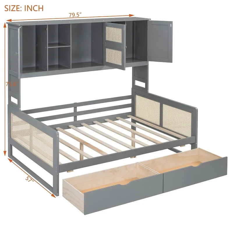 Full Wood Daybed with Cabinets, Shelves and 2 Storage Drawers