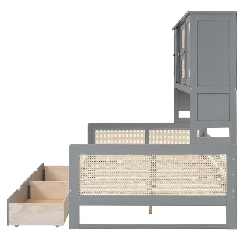 Full Wood Daybed with Cabinets, Shelves and 2 Storage Drawers