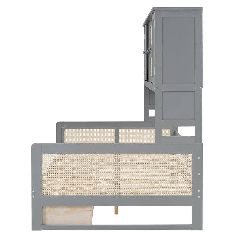 Full Wood Daybed with Cabinets, Shelves and 2 Storage Drawers