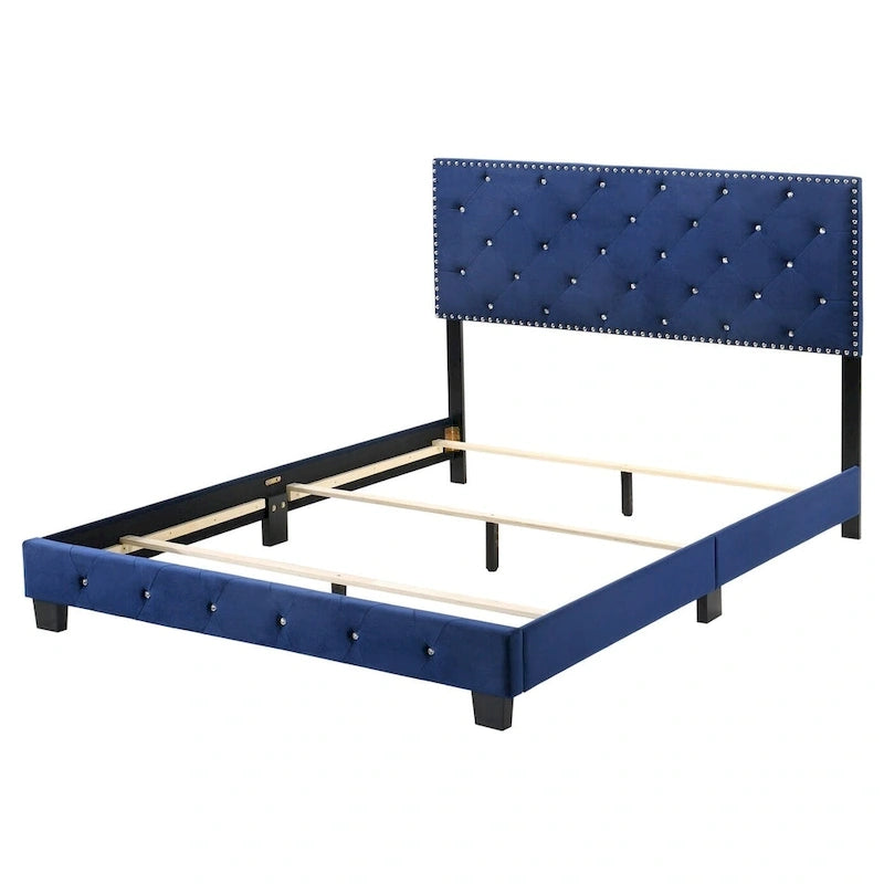 Lit double bleu à panneau capitonné en velours avec ornements imitation bijoux