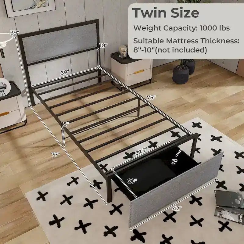 Cama de plataforma metálica tamaño Twin con iluminación LED y cajón de almacenamiento