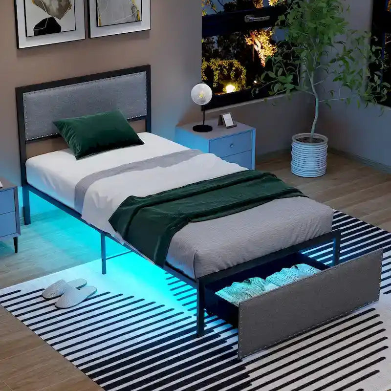 Metall-Plattformbett in Twin mit LED-Beleuchtung und Stauraumschublade