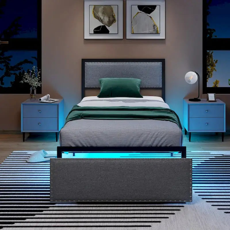 Metall-Plattformbett in Twin mit LED-Beleuchtung und Stauraumschublade