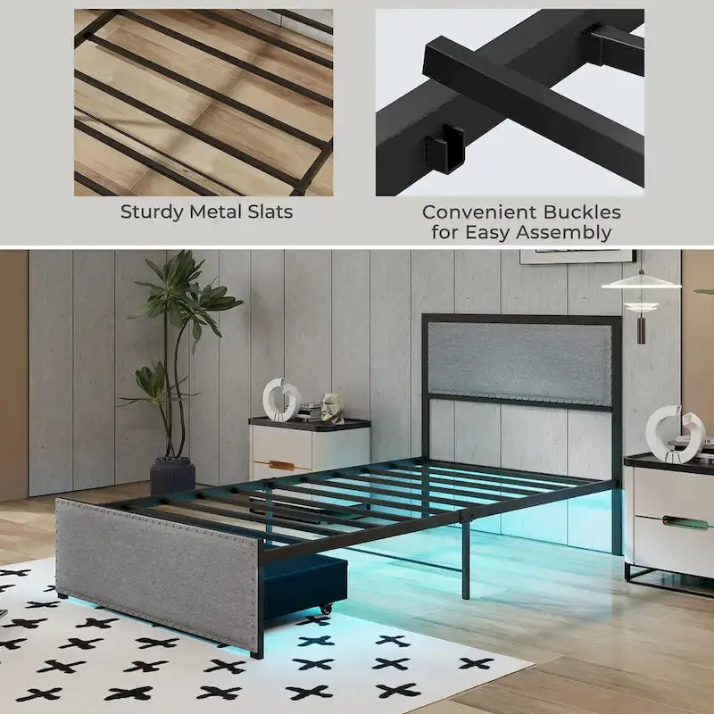Metall-Plattformbett in Twin mit LED-Beleuchtung und Stauraumschublade