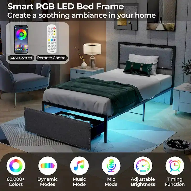 Metall-Plattformbett in Twin mit LED-Beleuchtung und Stauraumschublade