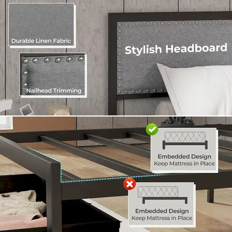 Metall-Plattformbett in Twin mit LED-Beleuchtung und Stauraumschublade