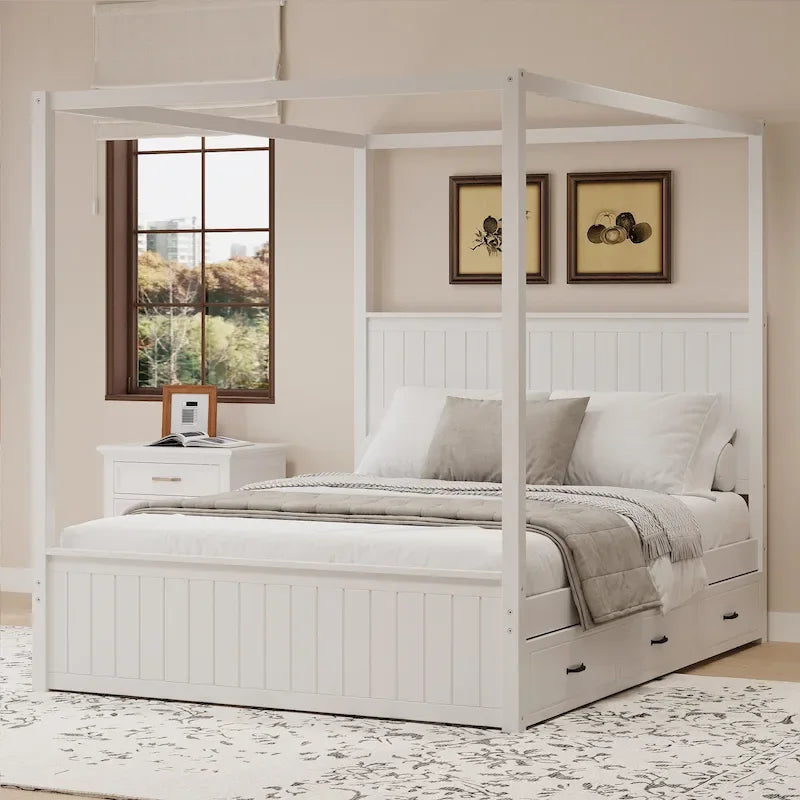 Letto a baldacchino in legno per materasso Queen con letto estraibile e tre cassetti portaoggetti