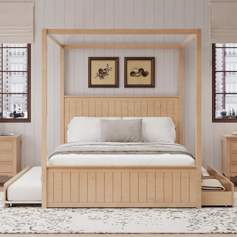 Letto a baldacchino in legno per materasso Queen con letto estraibile e tre cassetti portaoggetti