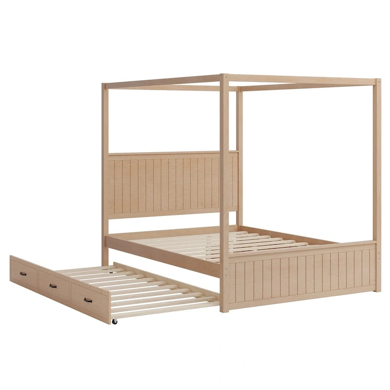 Cama con dosel de madera tamaño Queen con cama nido y tres cajones de almacenamiento