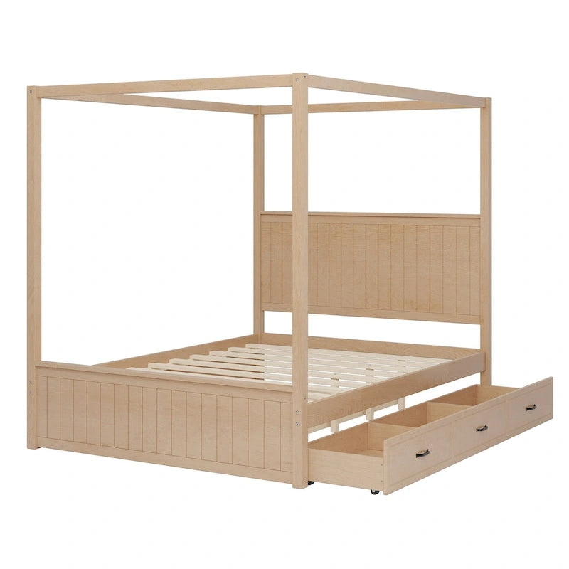 Letto a baldacchino in legno per materasso Queen con letto estraibile e tre cassetti portaoggetti