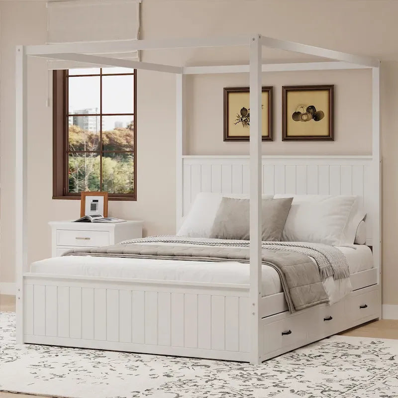 Letto a baldacchino in legno per materasso Queen con letto estraibile e tre cassetti portaoggetti
