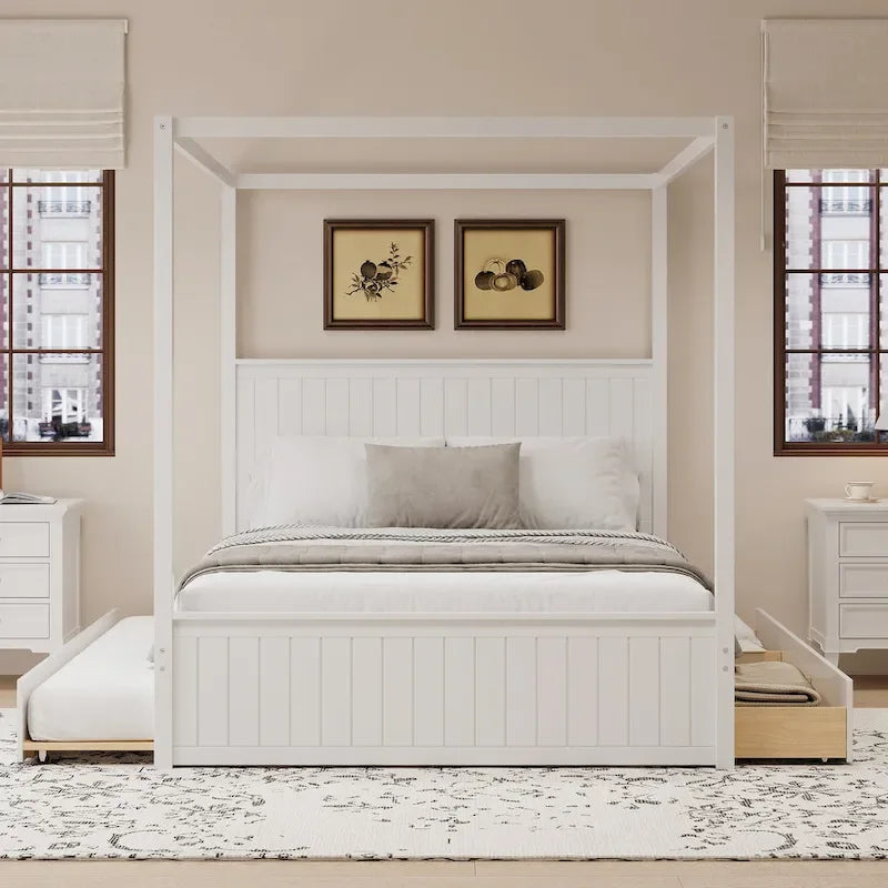 Letto a baldacchino in legno per materasso Queen con letto estraibile e tre cassetti portaoggetti