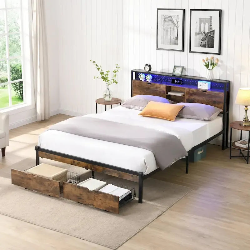 Cama de almacenamiento metálica tamaño king con luces LED y cabecero de madera