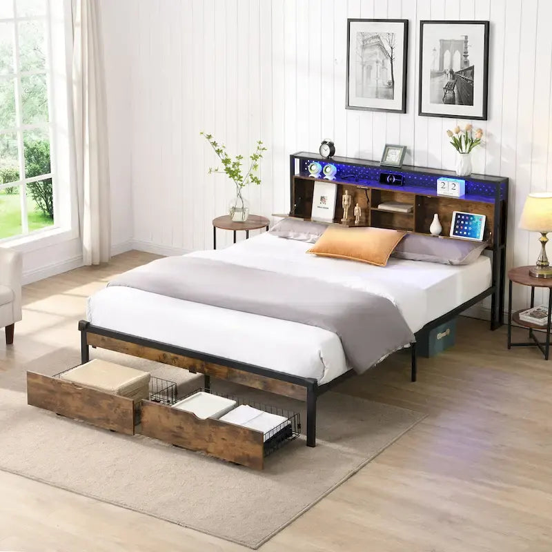 Cama de almacenamiento metálica tamaño king con luces LED y cabecero de madera