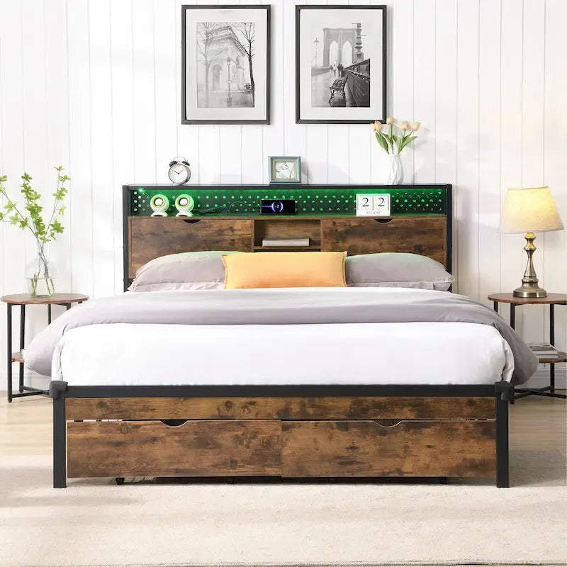 Cama de almacenamiento metálica tamaño king con luces LED y cabecero de madera