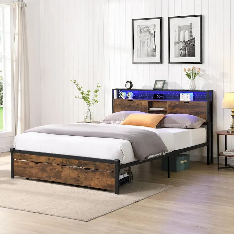 Cama de almacenamiento metálica tamaño king con luces LED y cabecero de madera