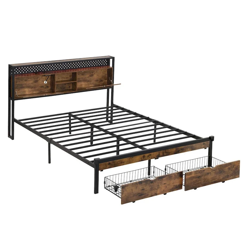 Cama de almacenamiento metálica tamaño king con luces LED y cabecero de madera
