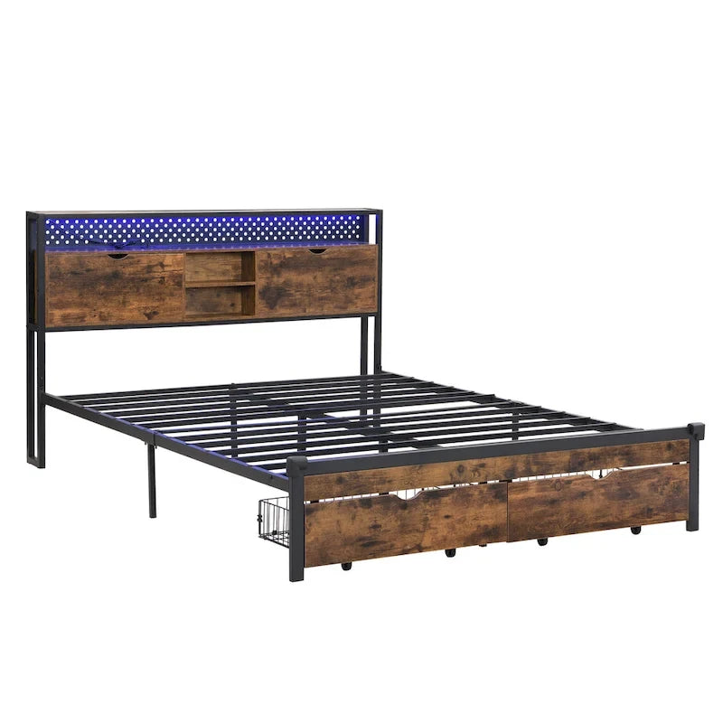 Cama de almacenamiento metálica tamaño king con luces LED y cabecero de madera
